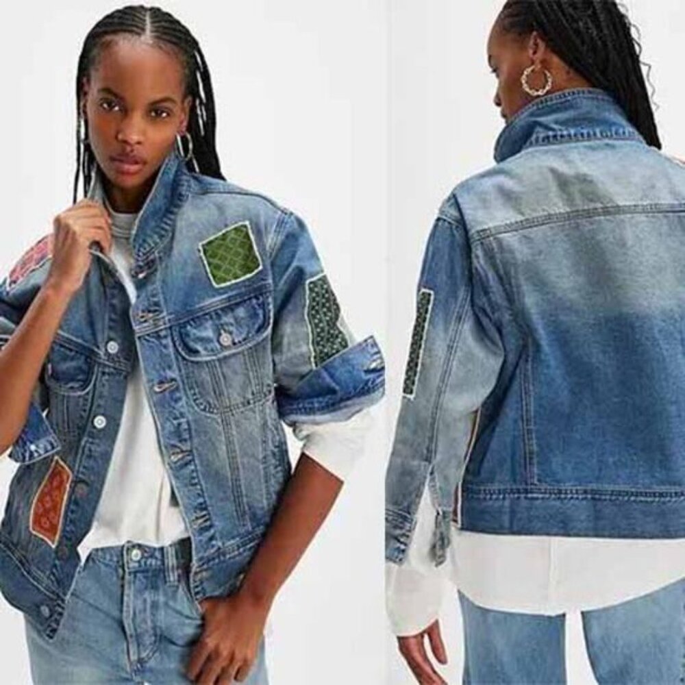 NWT Found Kantha Patchwork Denim Collared Neckline Trucker Button Jacket Blue - Picture 7 of 7